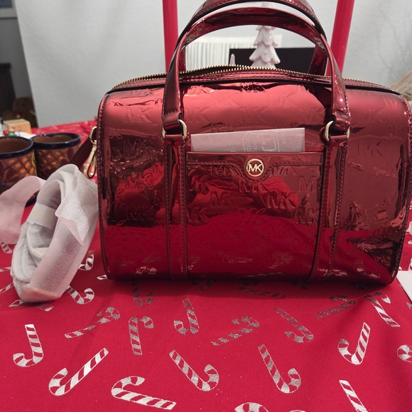 Michael Kors Cherry Red Metallic  Leather Satchel BRAND NEW - Picture 2 of 9